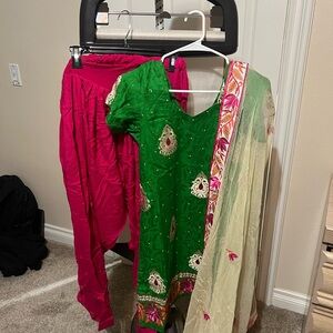 Green and Pink Embroidered Traditional Outfit